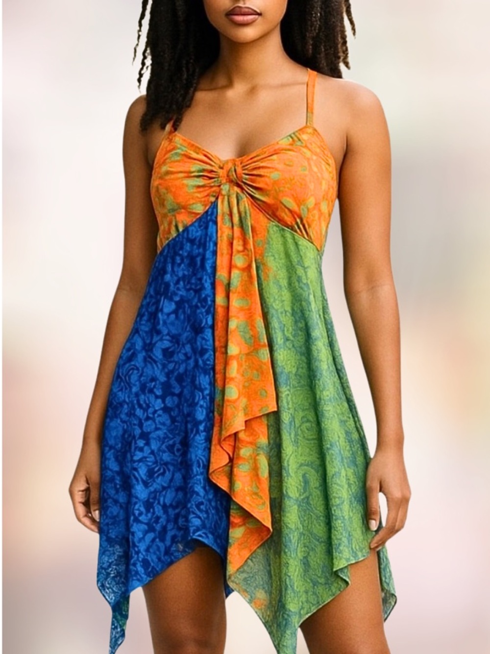 YOUNG FASHION DRESS Spaghetti Strap Orange Blue Festival Womens OS Fits Most